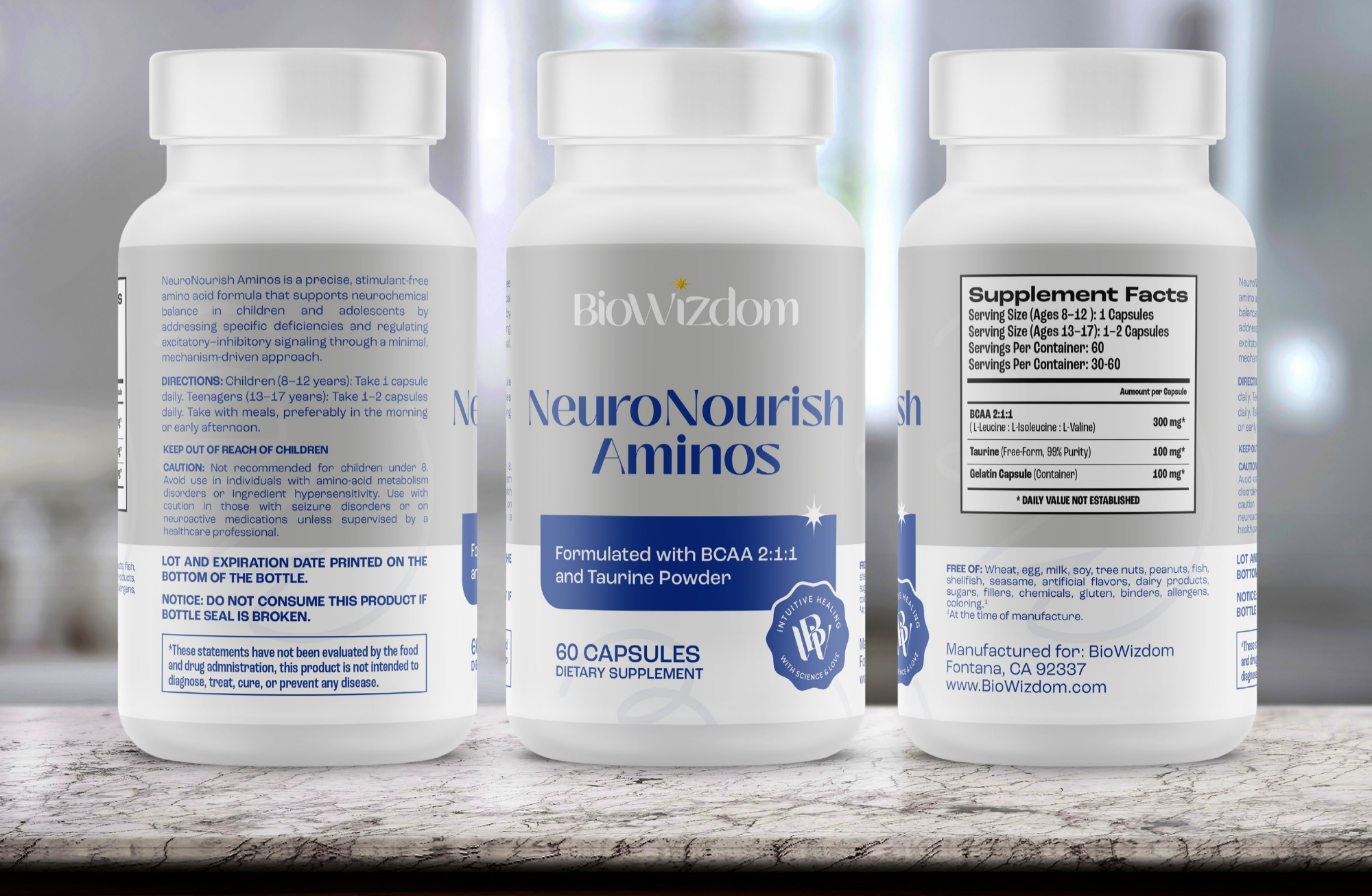 NeuroNourish BioWizdom aminoacidos BCAA taurina zinc cognitivo conductual sistema nervioso