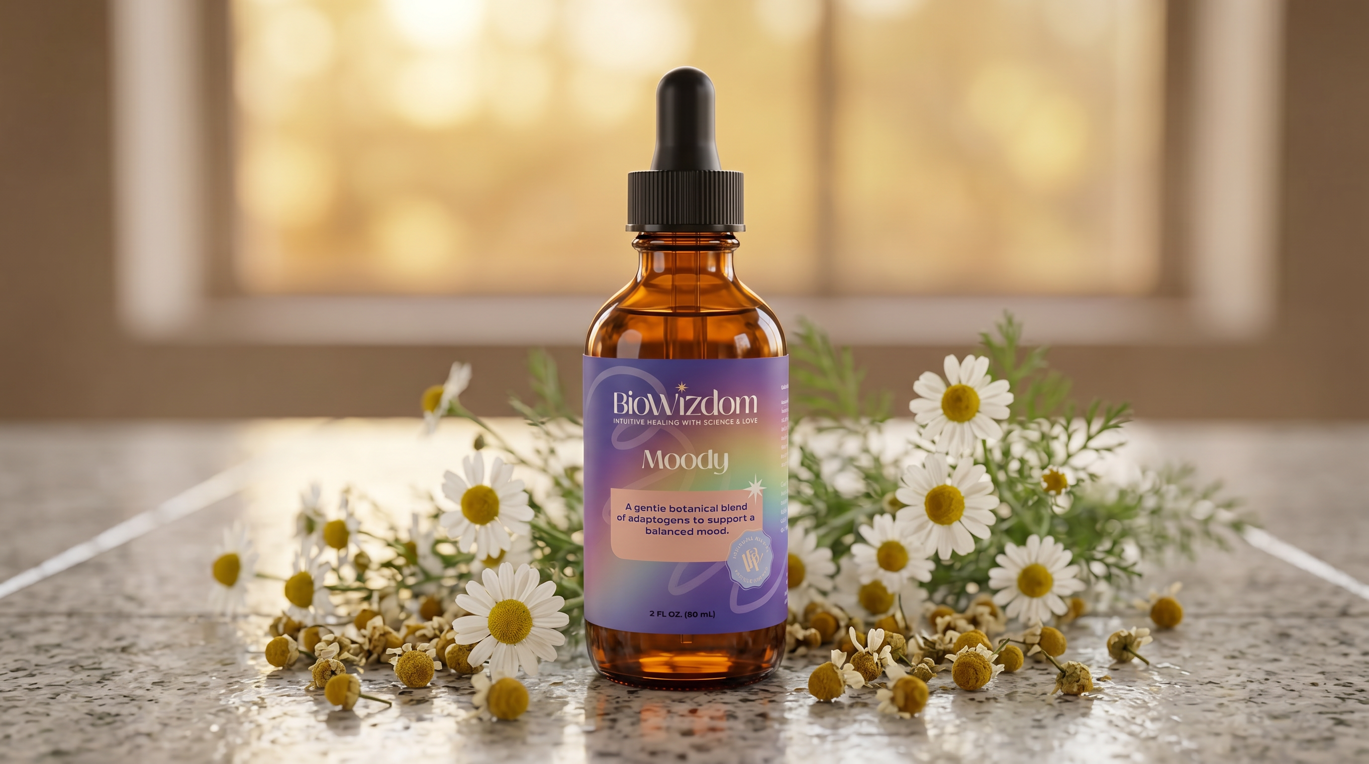 Moody Tincture BioWizdom 2oz equilibrio emocional calma L-Teanina Tulsi manzanilla sin alcohol